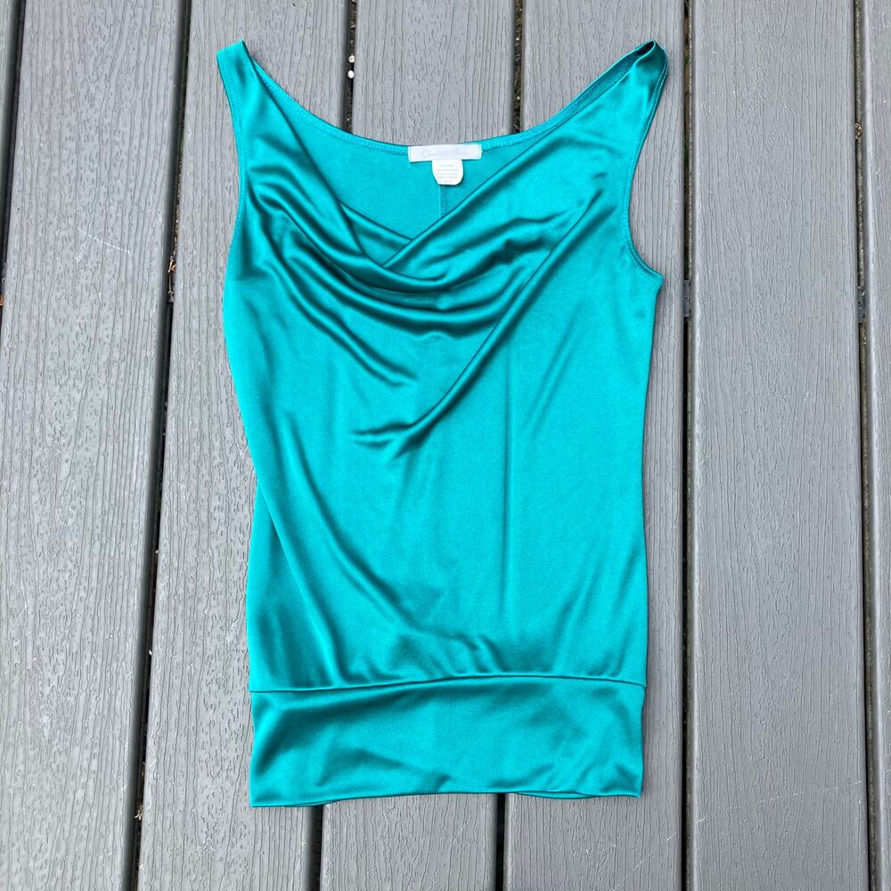 Vintage Y2K teal cowl neck satin tank top, 2000s